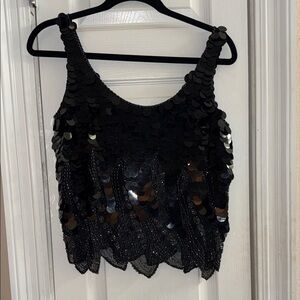 Vintage Oleg Cassini 100% Silk Black Sequin Camisole Tank Top